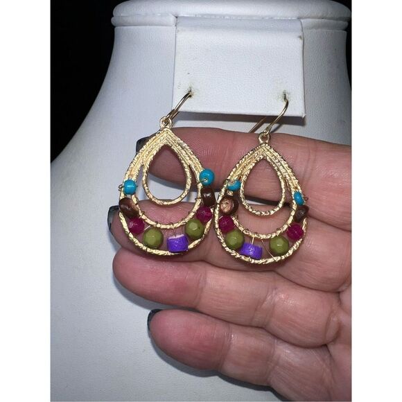 Boho Gold Tone and Beaded Teardrop Dangle Earrings - Picture 2 of 8